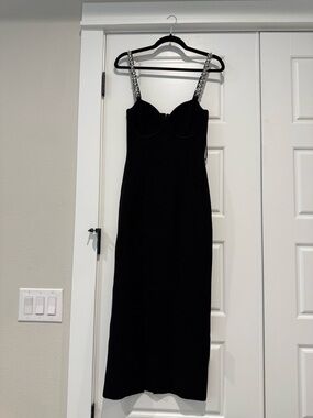 Rebecca Vallance Black Midi Dress with Jeweled Straps